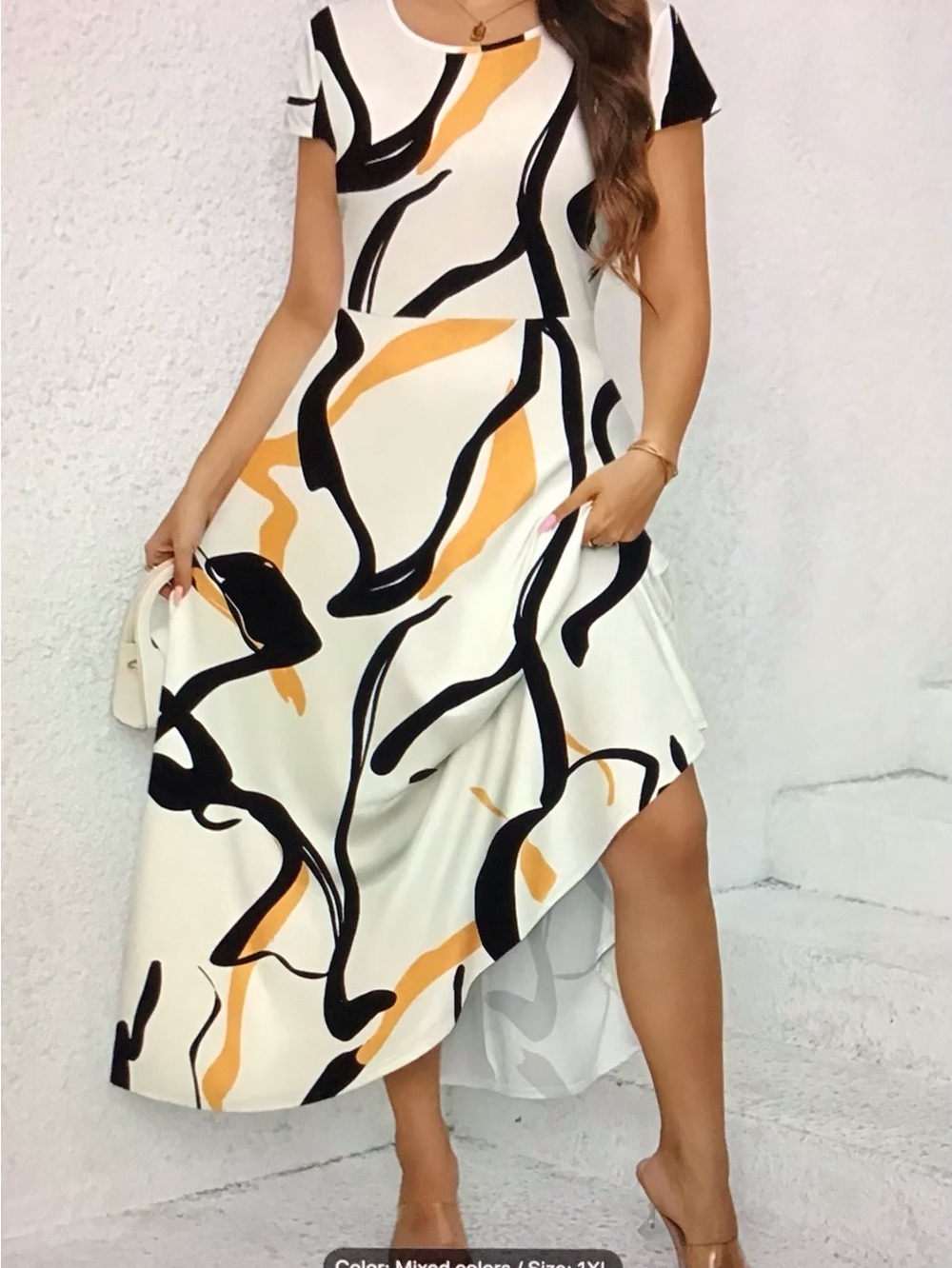 Abstract Print White & Black Dress with Mustard Accents 1XL